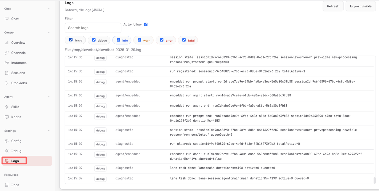 Control Panel Logs Interface